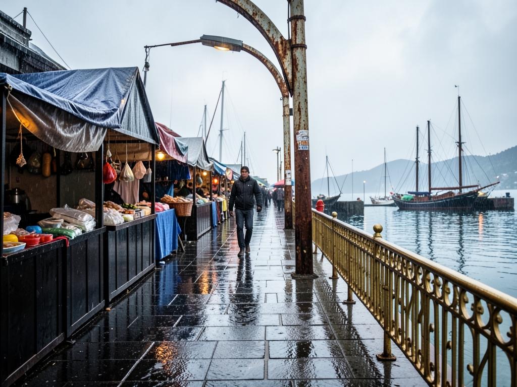 Dawn harbor market under steady drizzle basalt lane