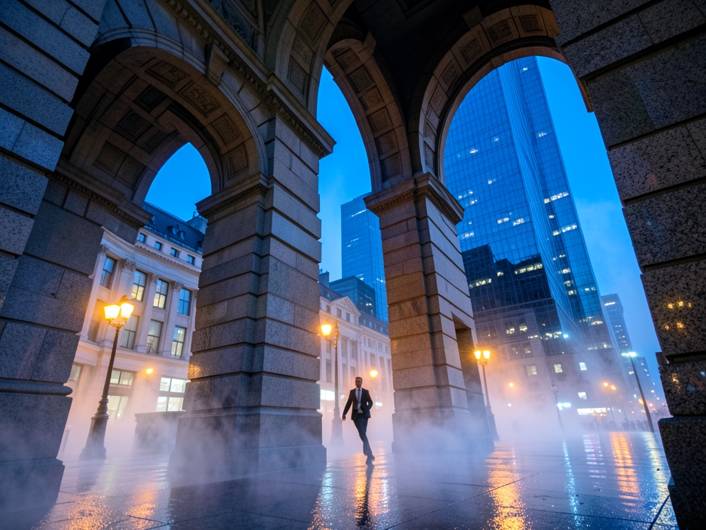 Blue hour financial canyon rain polished granite between neoclassical arches