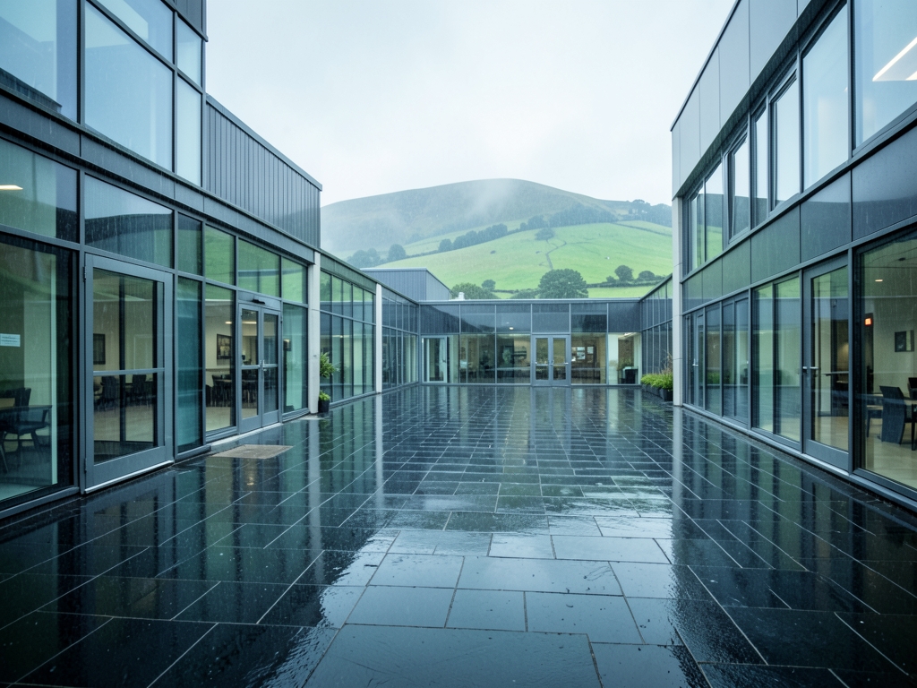 Modern Welsh hospital courtyard slate glass soft overcast
