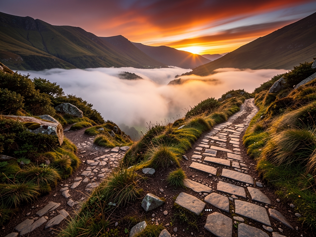 Forked mountain footpath above misty Welsh valley golden