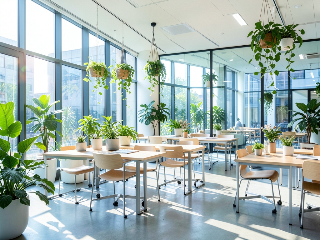 Sunlit modern glass office with open tables green