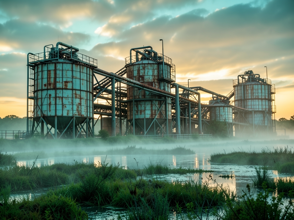 Dawn over sprawling Mississippi water treatment facility weathered