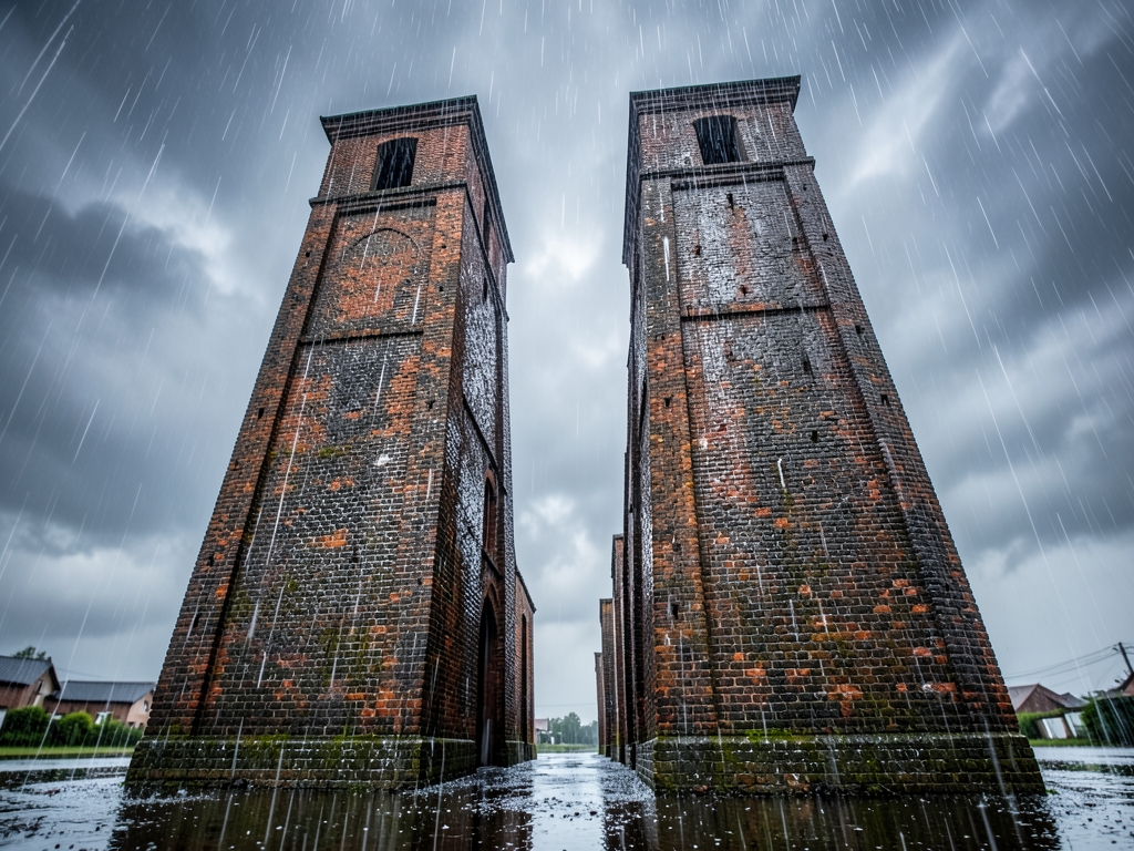 Identical brick towers standing side side heavy rain