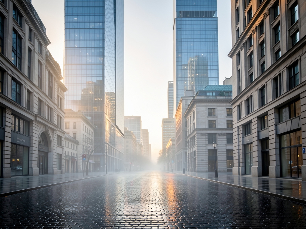 quiet European financial district early dawn mist hovering