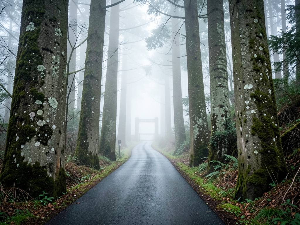 winding narrow pathway through dense fog shrouded forest monolithic