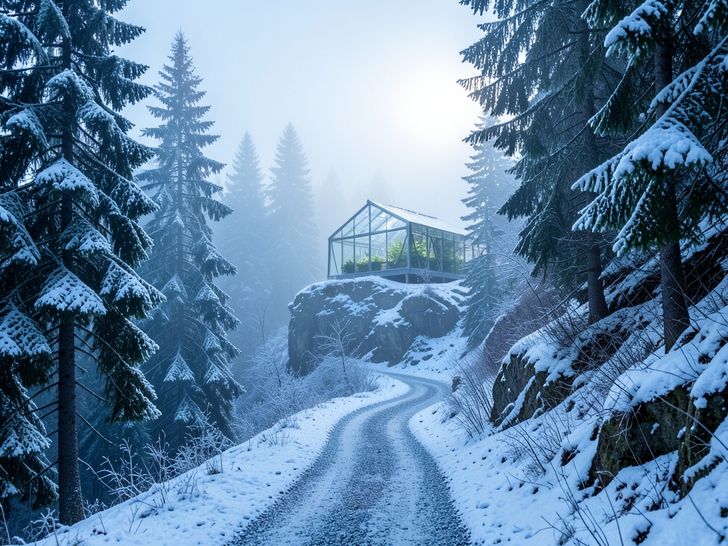 winding frost covered gravel path through fog dense alpine forest