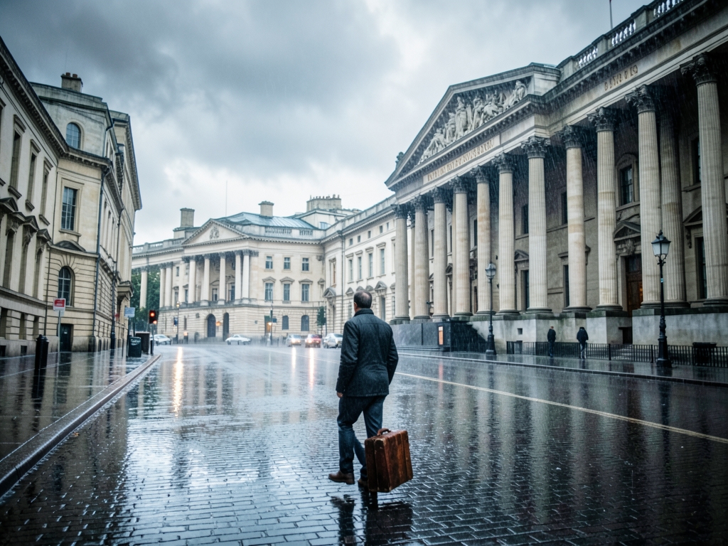 Grand neoclassical government buildings looming behind rain slicked empty