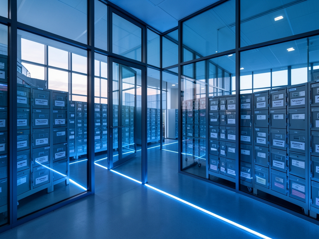 glass walled European compliance archive dawn orderly rows sealed