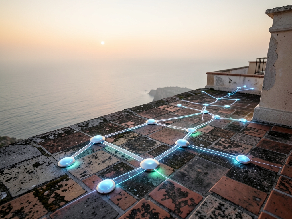 windswept Mediterranean rooftop with digital campaign launch path