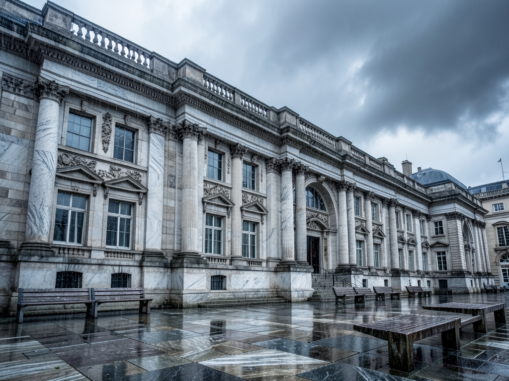 vast European stone courthouse under heavy grey clouds