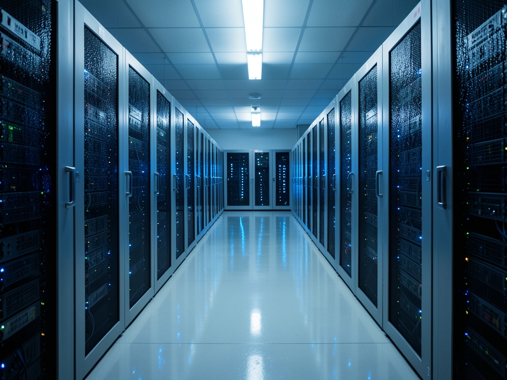 dimly server room with rows glowing blue racks
