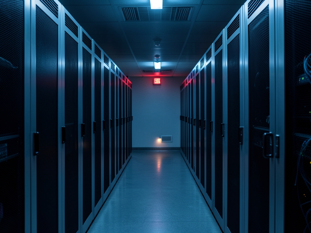 austere windowless data centre corridor with rows server