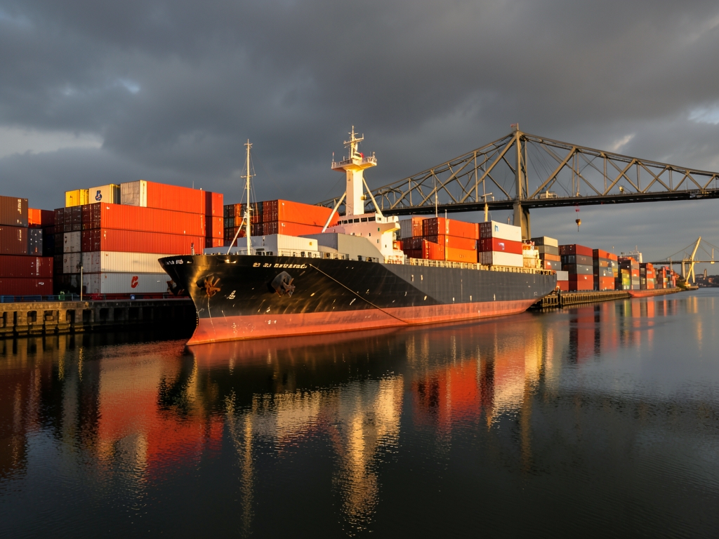 Golden hour Rotterdam harbor with deep sea vessel red and white container