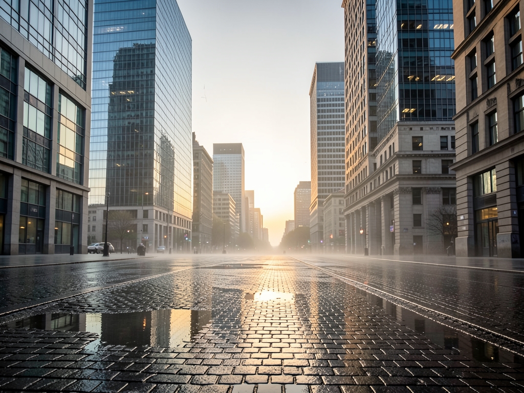 calm European financial district dawn glass stone towers
