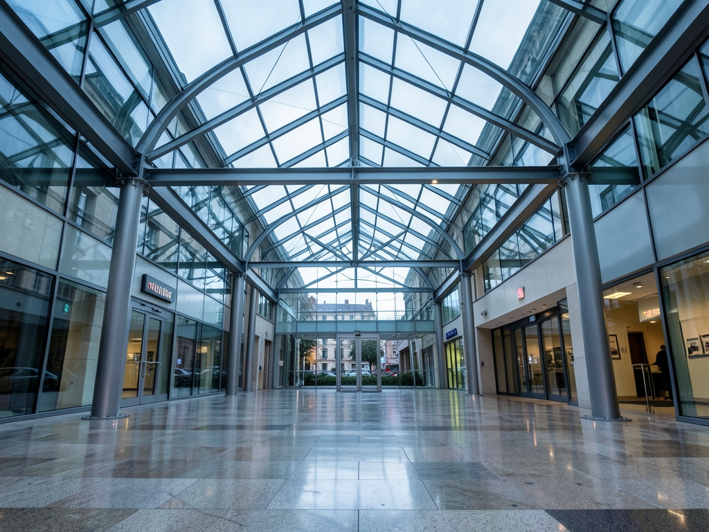 modern European glass bank atrium beneath cool overcast