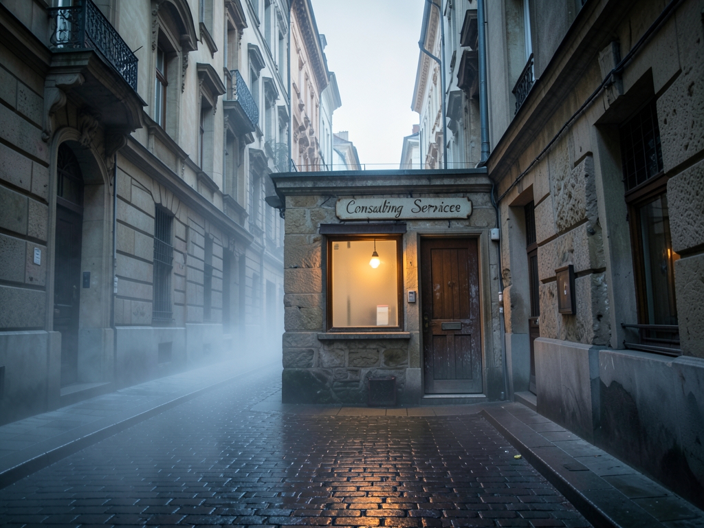 narrow European street dawn small stone walled office with
