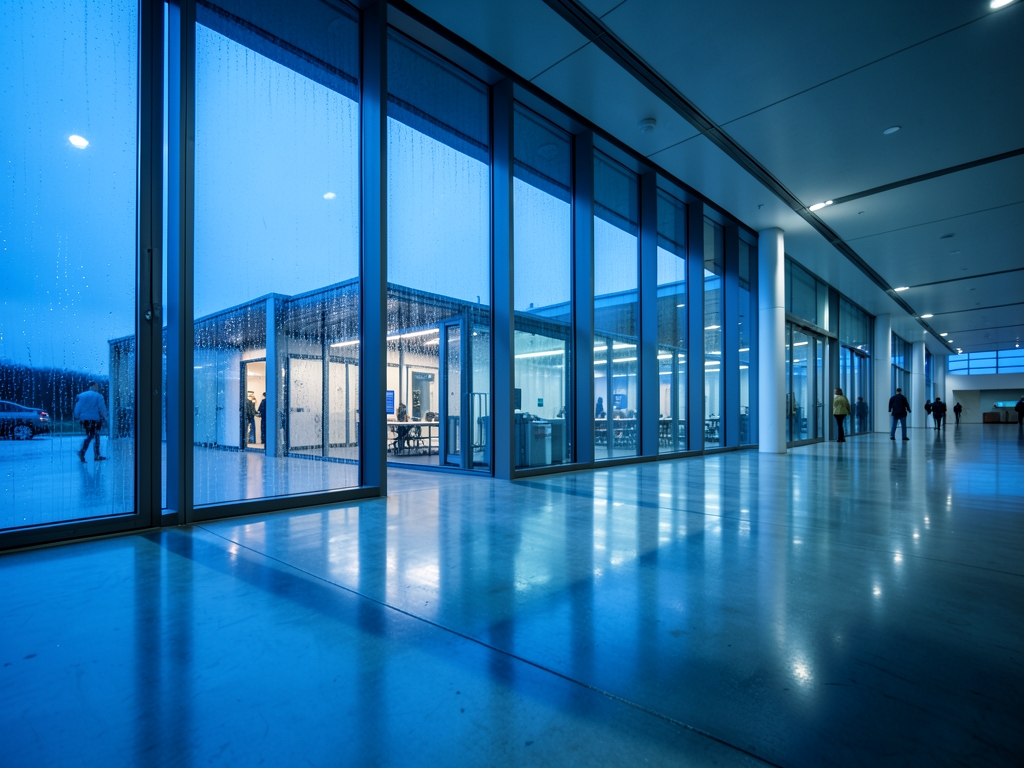 wide shot sleek glass and steel European clearing facility dusk