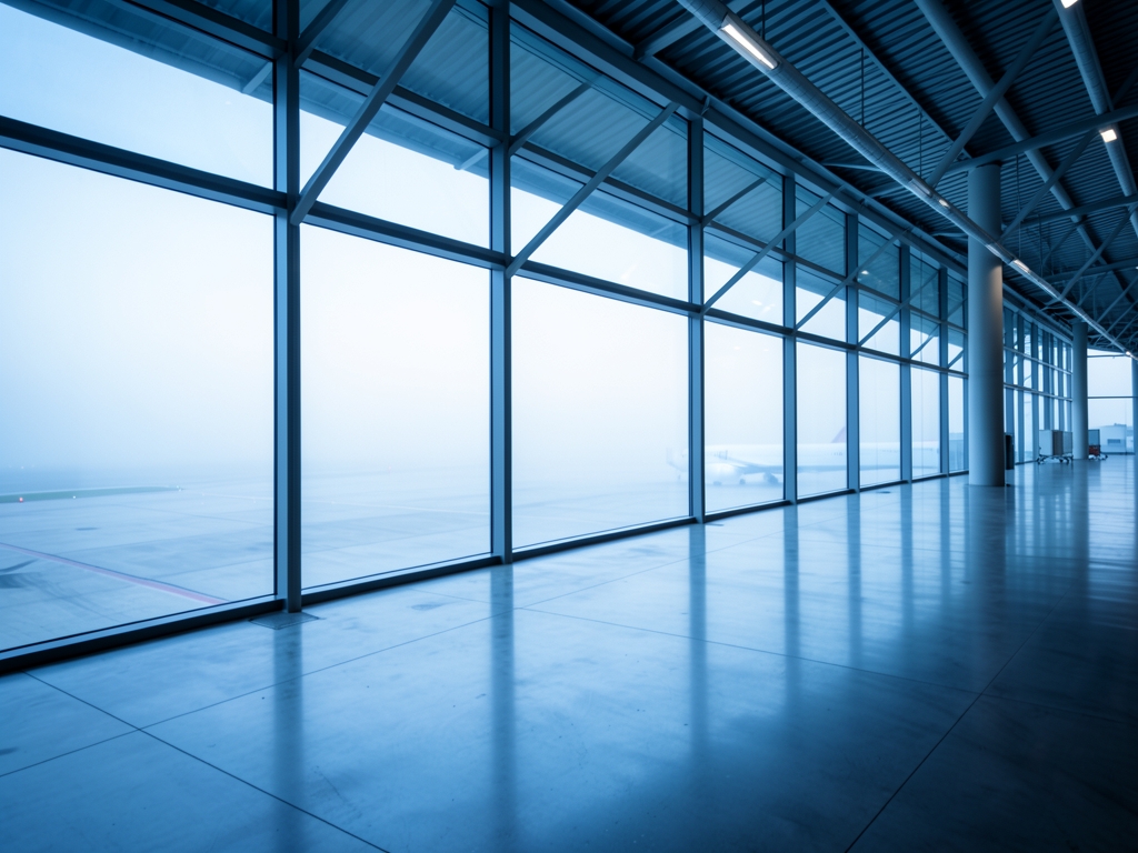 Sleek modern airport terminal with floor to ceiling glass walls
