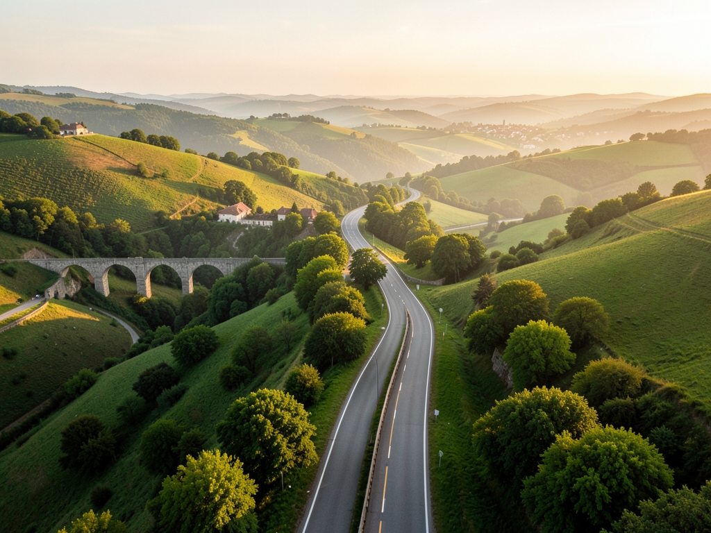 Wide aerial view winding road traversing vast European