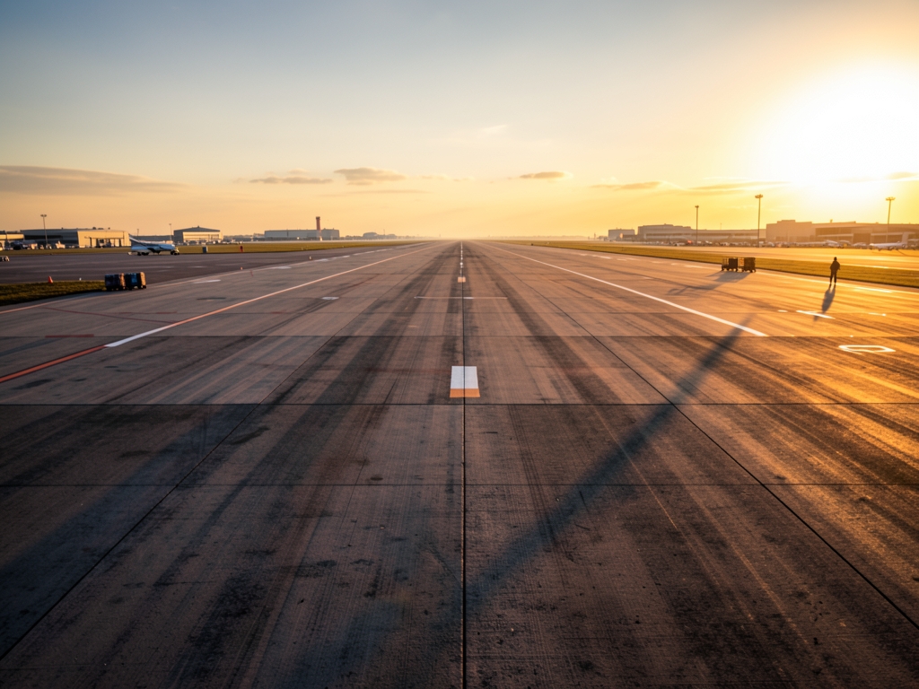 wide European airport runway golden hour concrete stretching