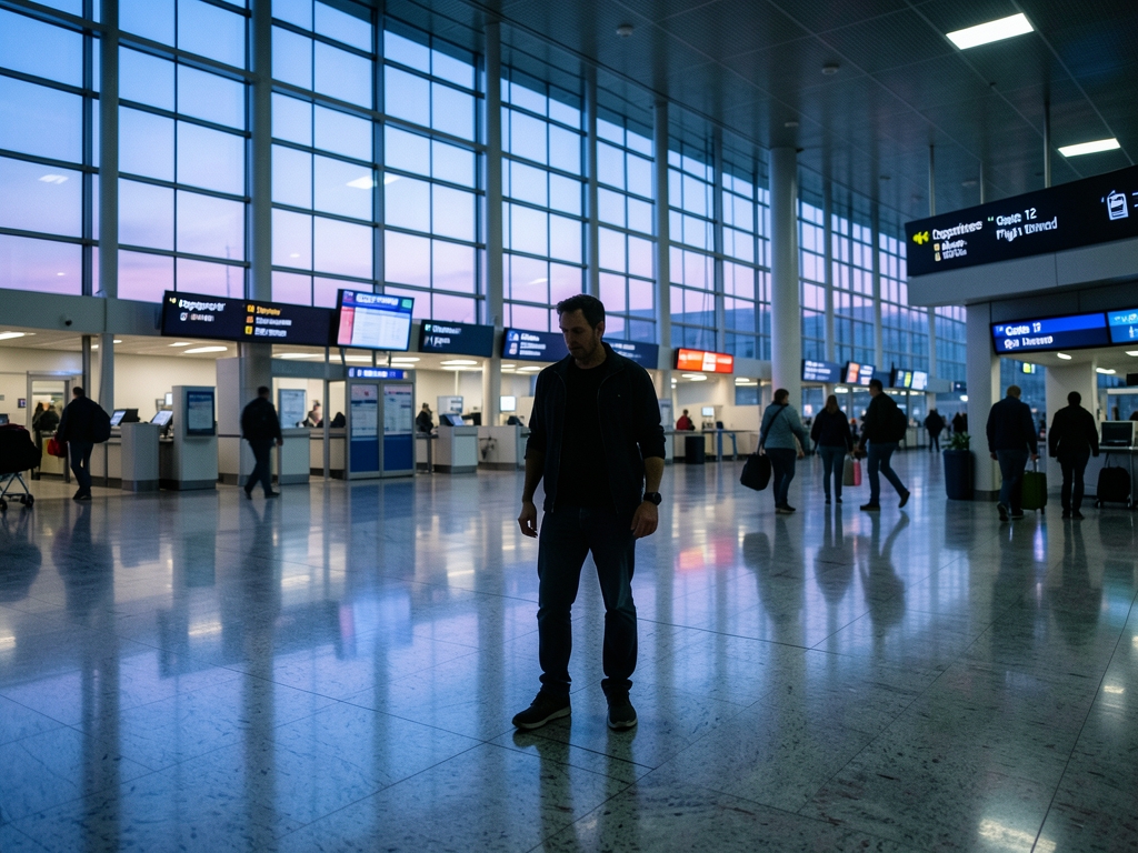 vast European airport terminal dusk with cold concrete