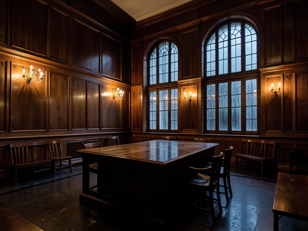 dimly European courtroom with heavy wood paneling rain