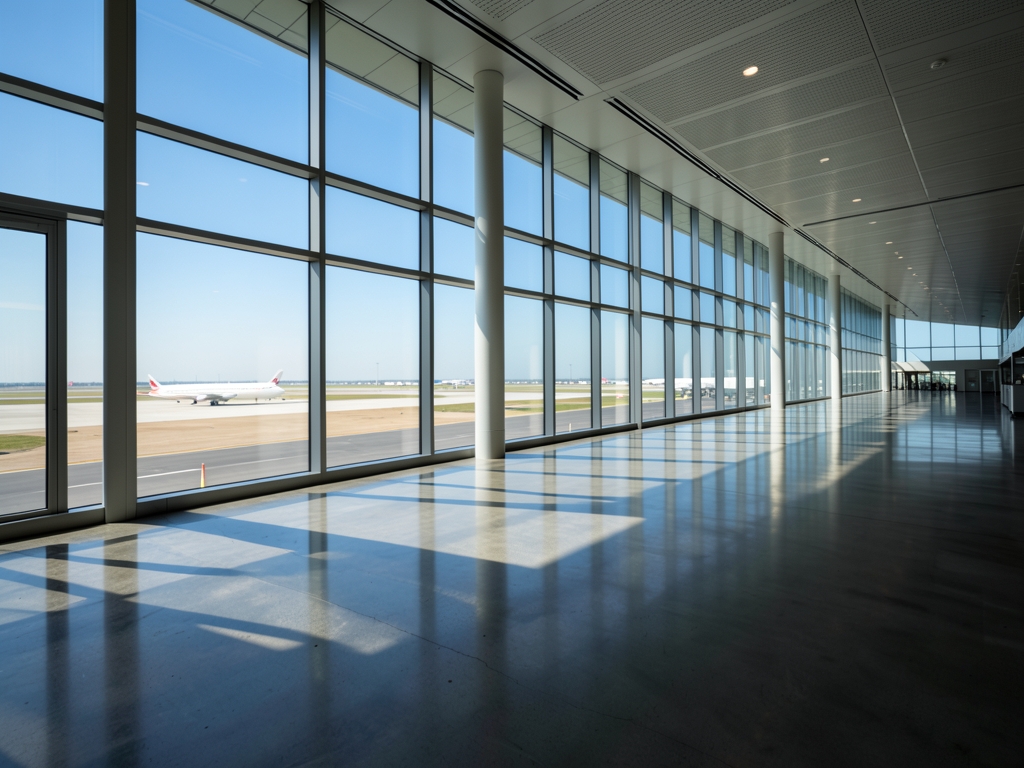 vast sunlit airport terminal with polished concrete floors