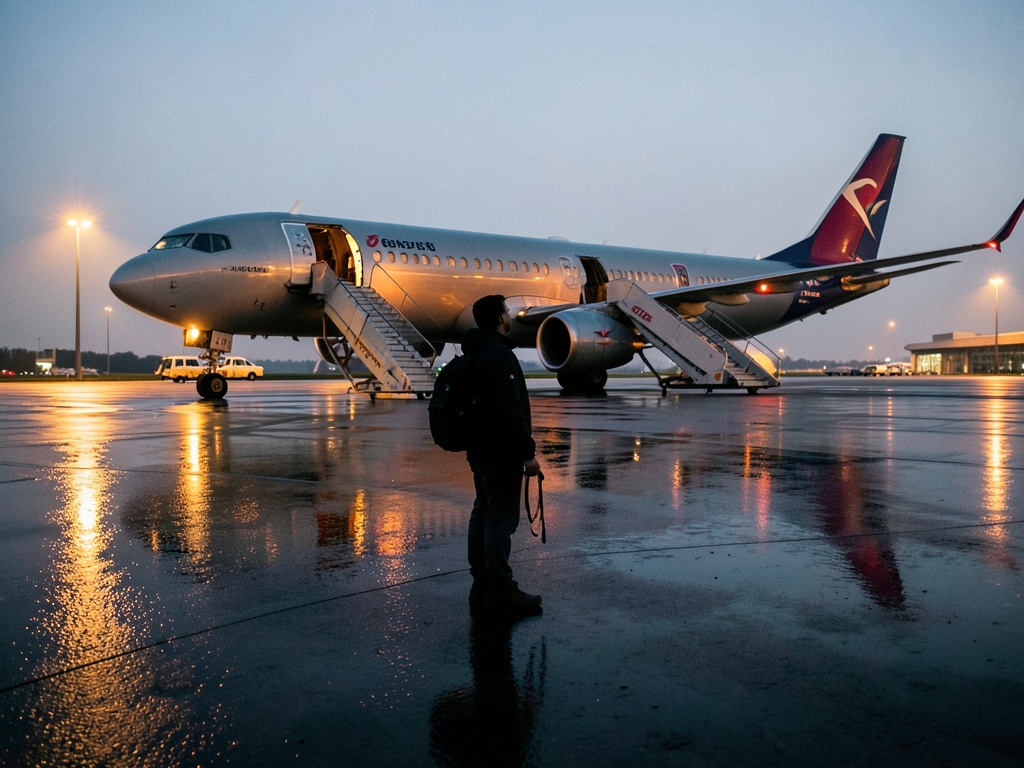 traveler s silhouette standing quiet rain slicked tarmac dusk facing