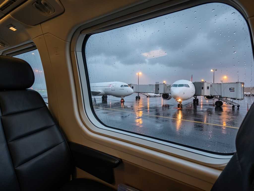 Rain streaked panoramic window overlooking tarmac dusk white airliners