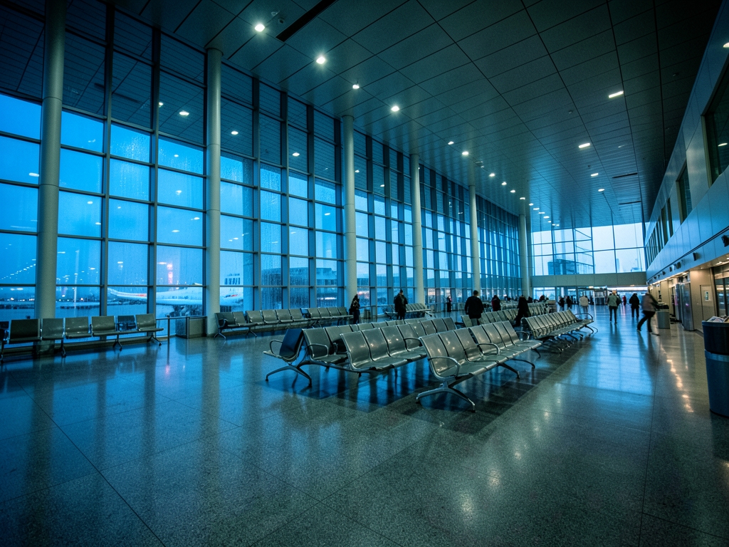 vast modern airport terminal dusk rain streaking floor to ceiling