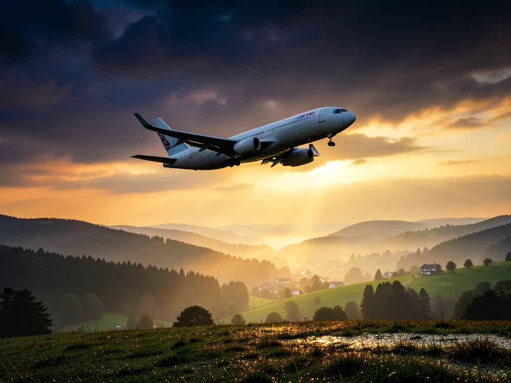 lone aircraft silhouetted against bruised golden above misty