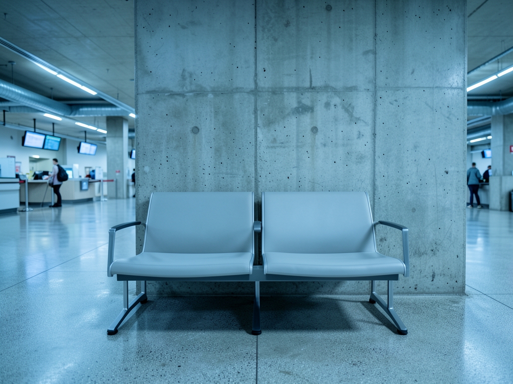 Overcast American departure lounge with muted concrete textures