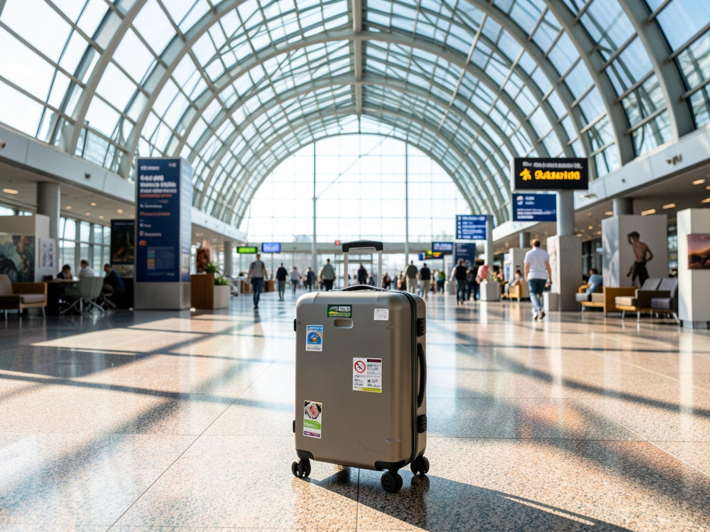 Sunlit European airport terminal with soaring glass arches