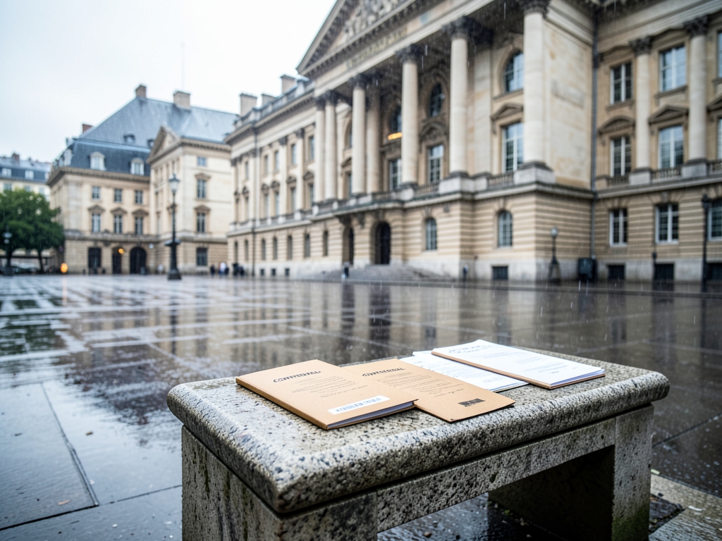 rain sleek European courthouse plaza with four sealed document