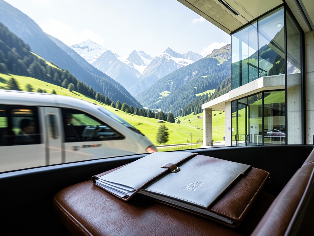 high speed train crossing green Alpine valley toward glass and concrete