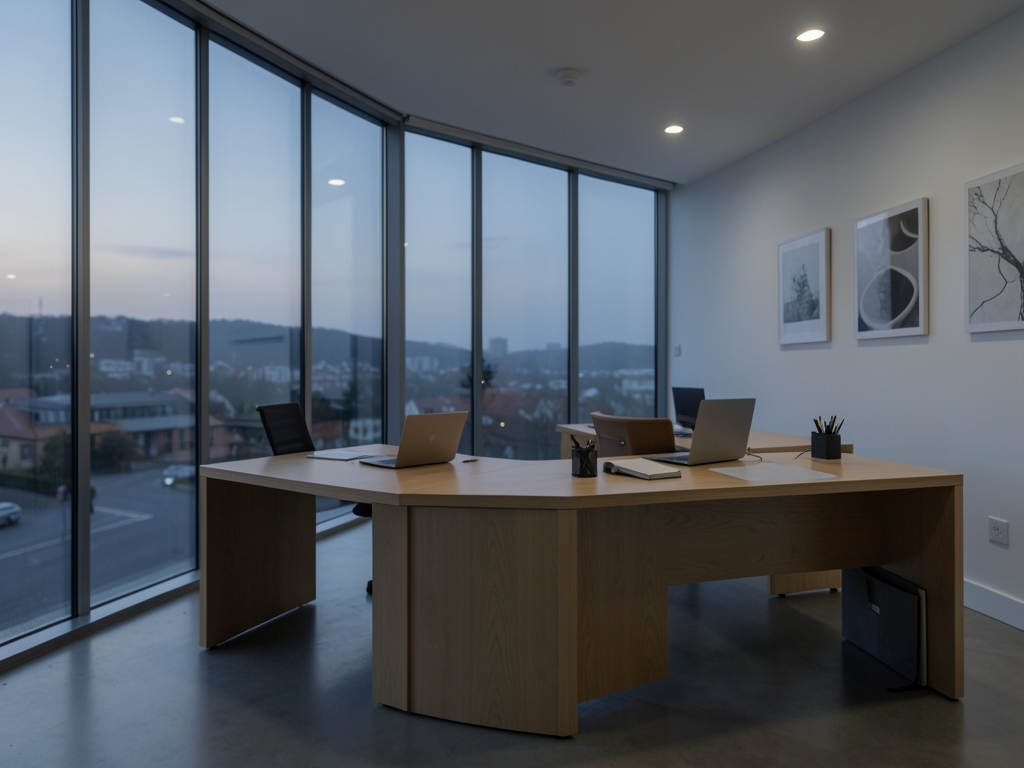 minimalist European compliance office dusk glass walls desks