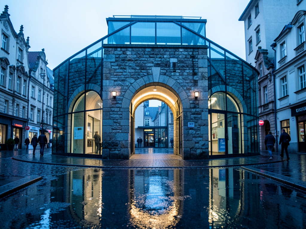 rain slicked stone and glass civic incident northern European town cold