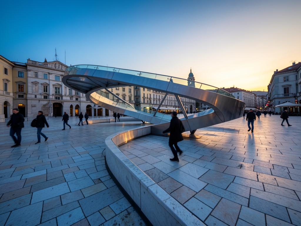 windswept European plaza pale stone steel shifting from