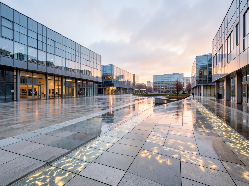 rain cleared European business district steel campuses broad plazas