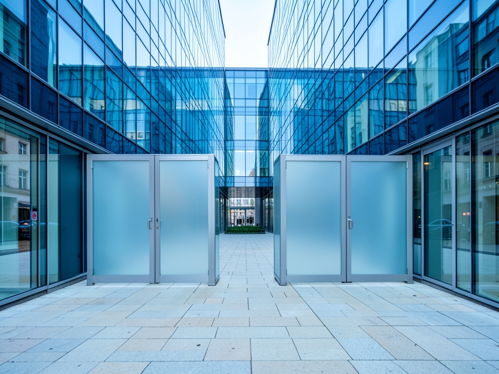 Brussels glass offices linked pale stone paths through