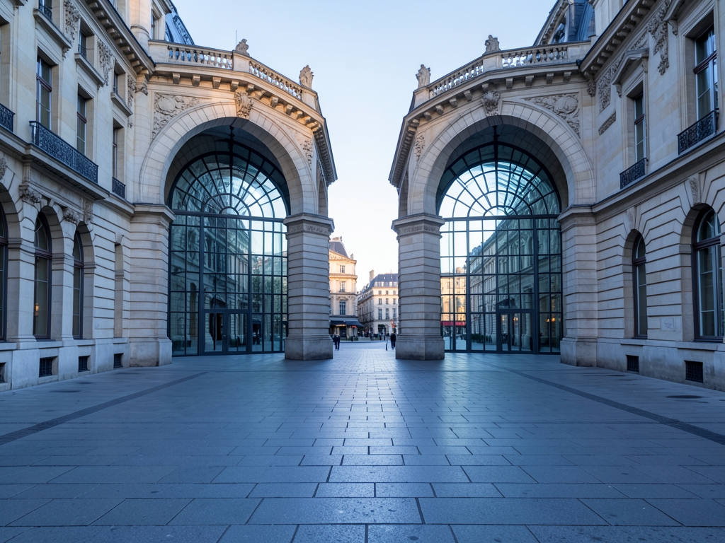 monumental Brussels plaza pale stone glass with twin arched