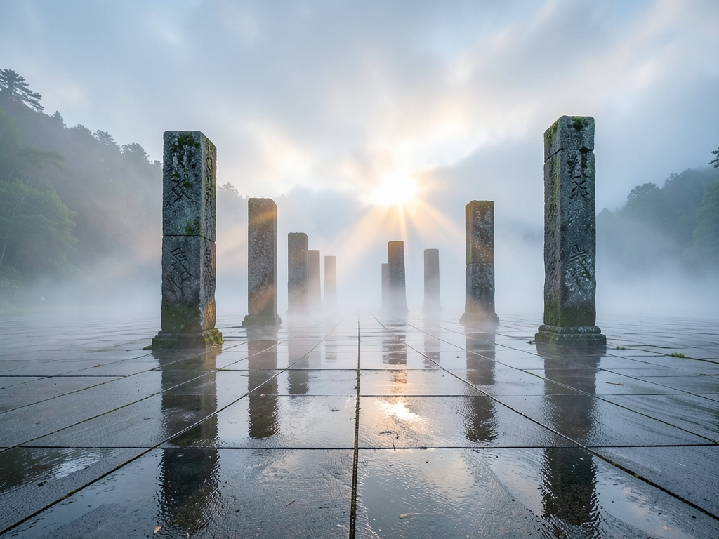 misty valley dawn where thin silver threads light