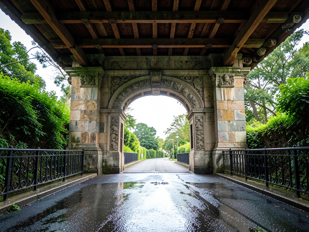 stone archway gateway with iron guardrails standing asphalt