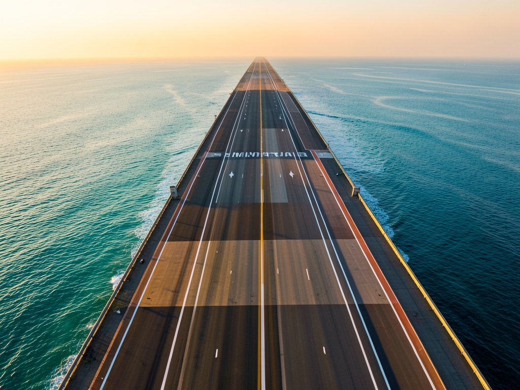 Aerial view modern coastal runway stretching toward turquoise