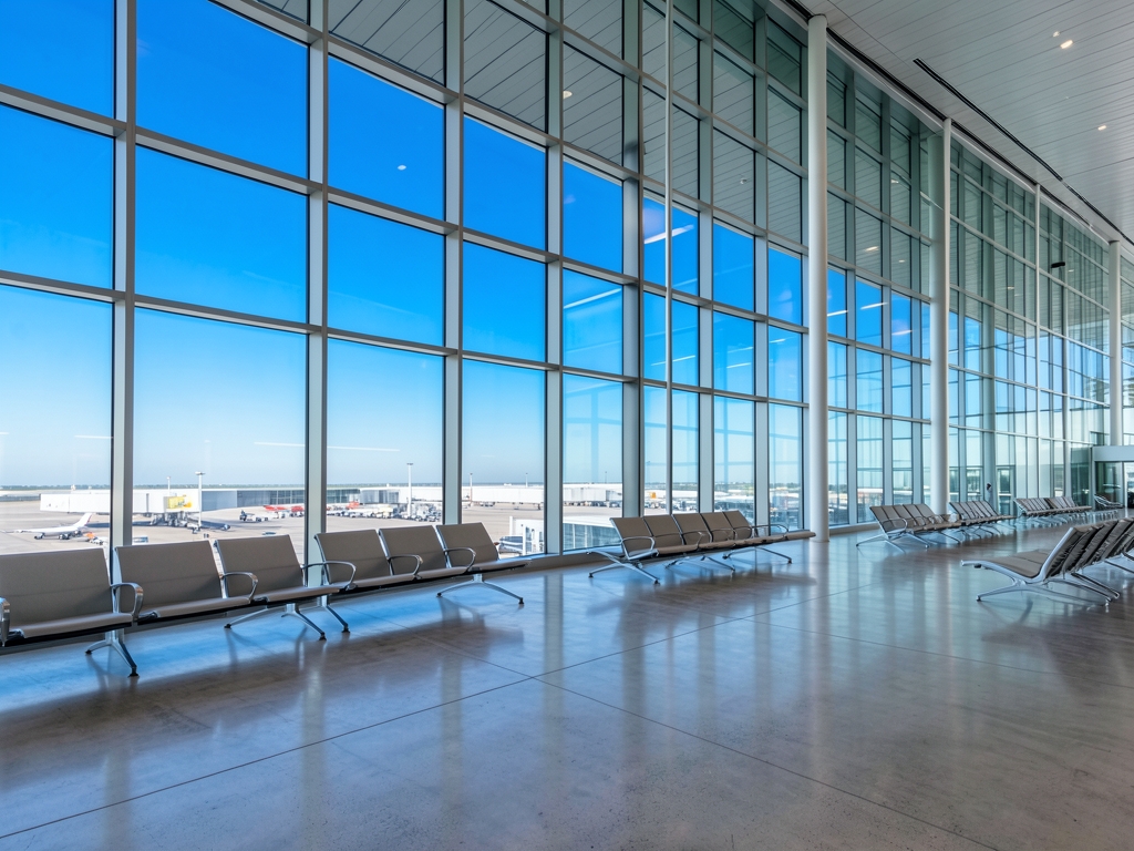 Sleek futuristic airport terminal with floor to ceiling glass walls