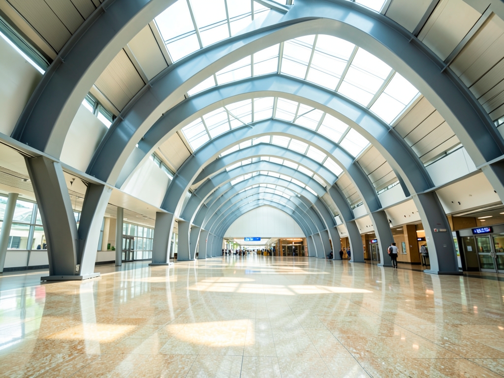 Spacious modern transit hall with sweeping steel arches