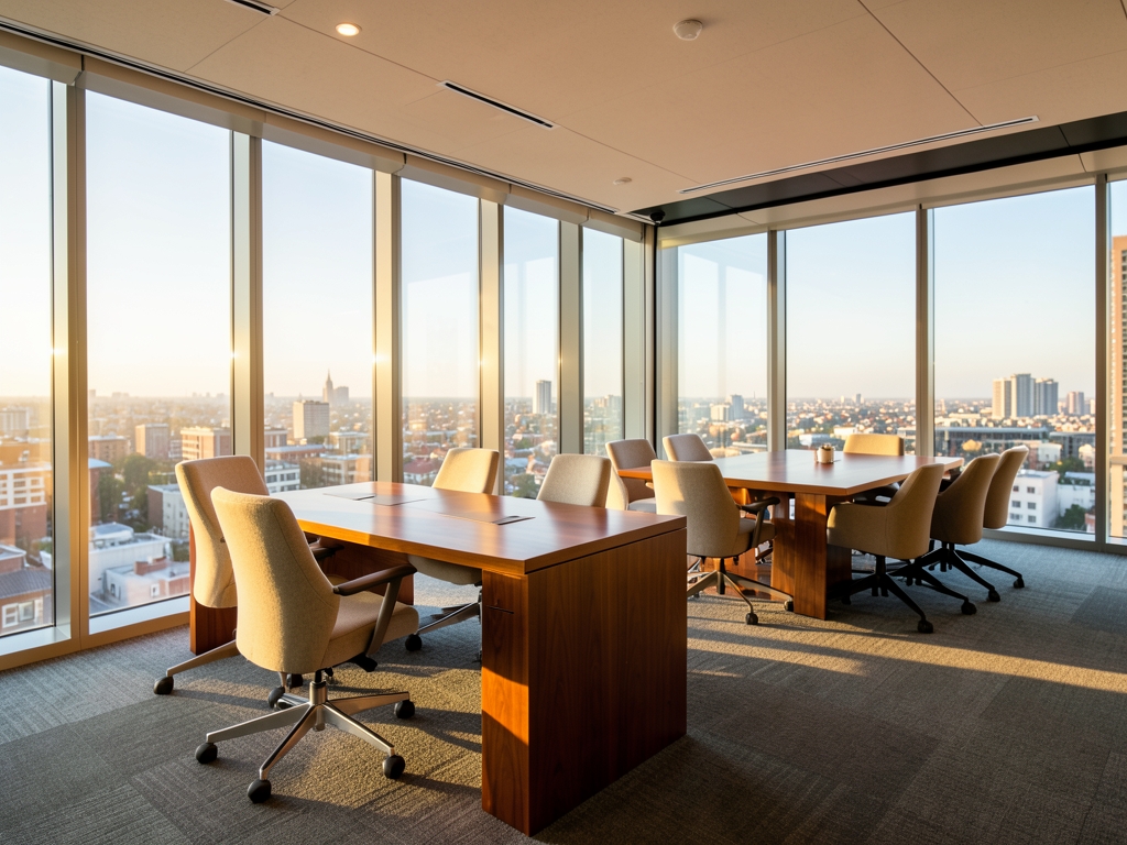 Sunlit executive office suite with glass walls overlooking