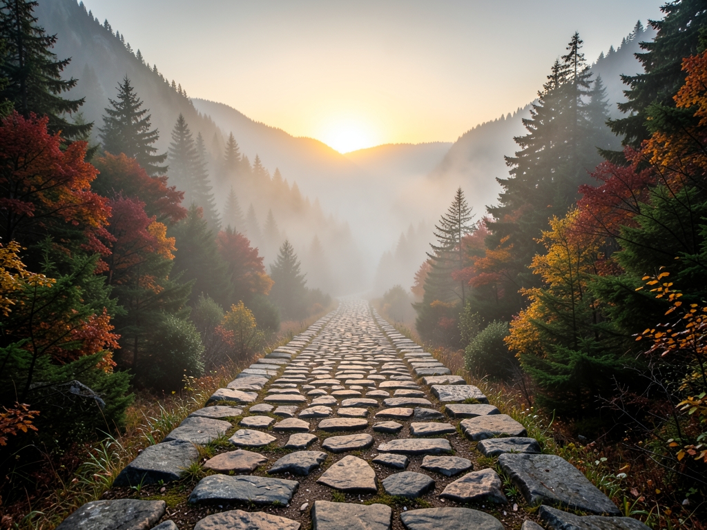 solitary stone pathway cutting through misty alpine valley