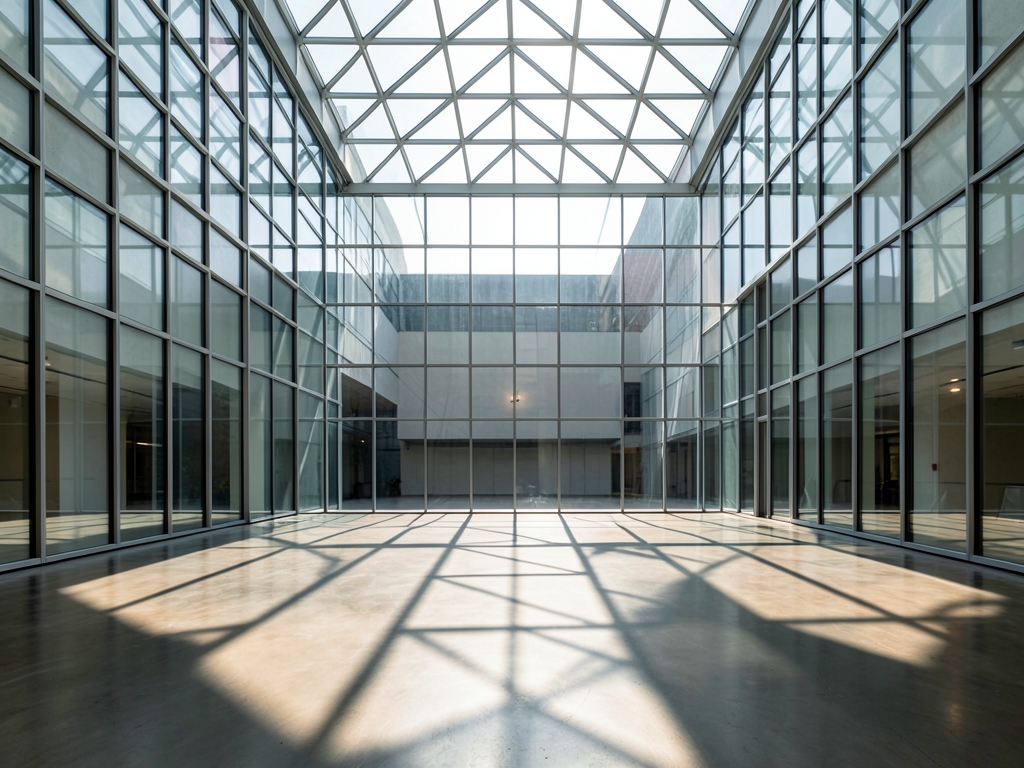 vast minimalist glass atrium with soft morning light