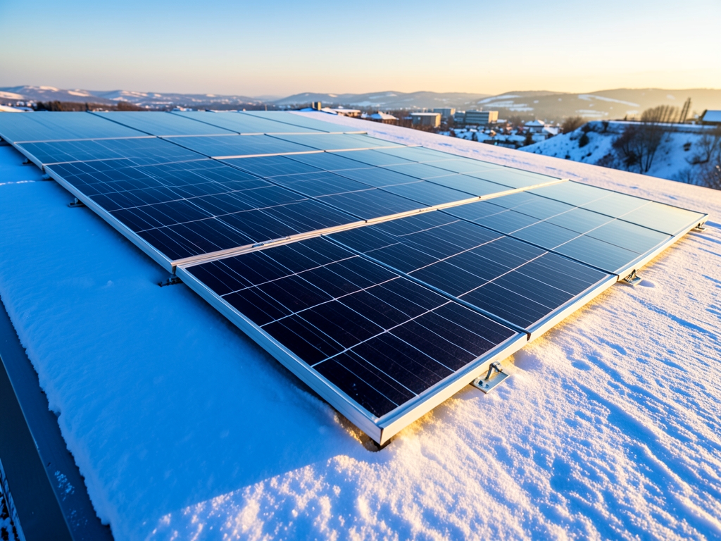 Snow dusted solar arrays gleam under crisp winter sleek